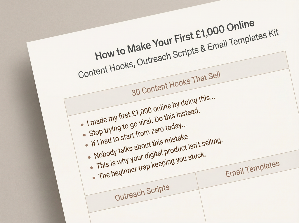 How to Make Your First £1,000 Online Blueprint™ – Content Hooks, Outreach Scripts & Email Templates | Beginner Digital Income Blueprint | Online Business Starter Kit